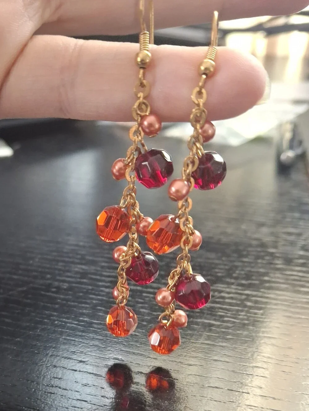 Gold-Tone Red & Pink Bead Dangle Earrings
